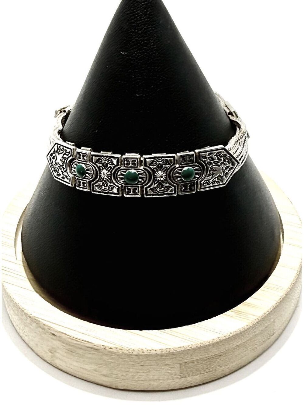 Sterling Silver Byzantine-Style Multi-Strand Bracelet with Green Cabochons